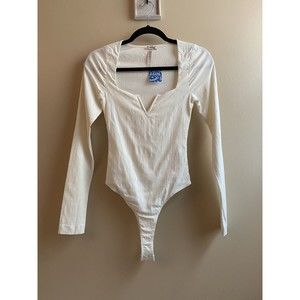 Free People Womens Cream Zoe Long Sleeve V-Neck Bodysuit Sz XS